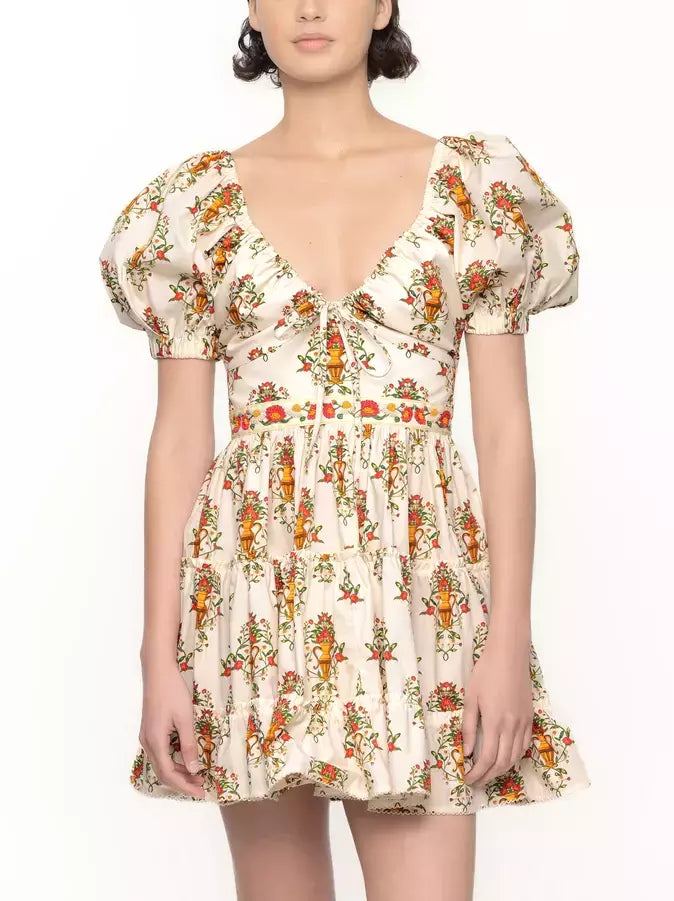 Floral-patterned Printed Puff-Sleeve Mini Dress with Adjustable V-Neck Drawstring