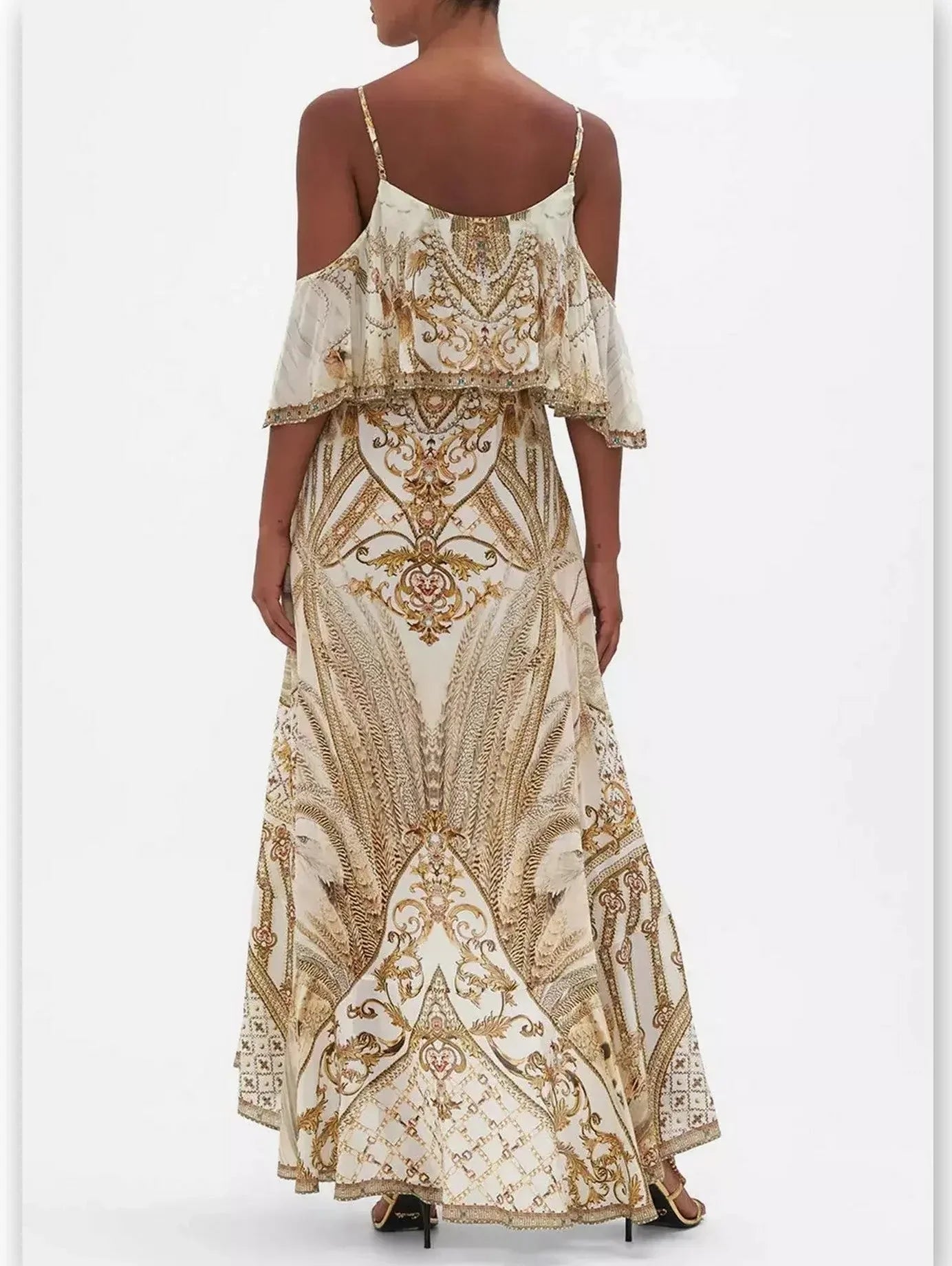 Printed Ruffle Cold-Shoulder Overlayer Wrap Dress - Dresses