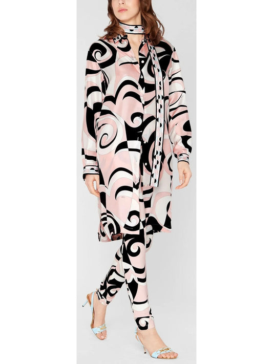 Printed Shirt Dress with Sash in Pink Black and White - Dresses