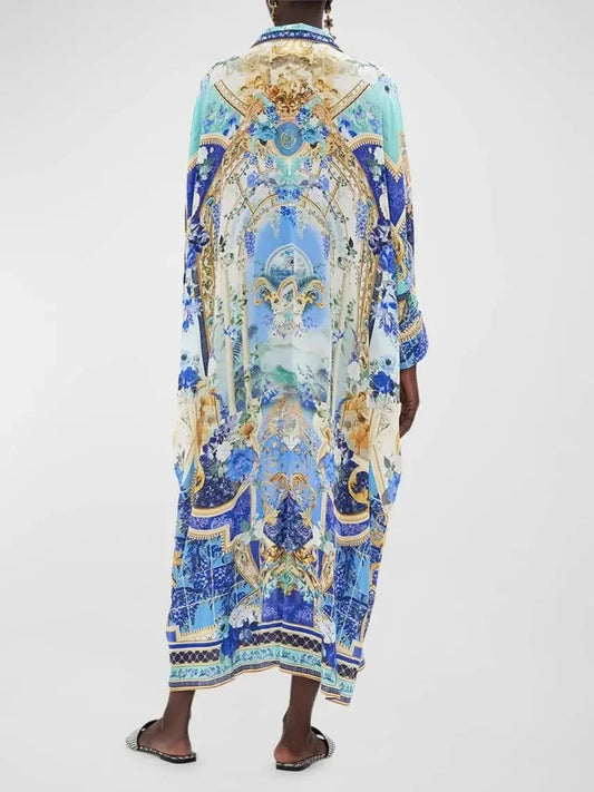 Printed Silk Kaftan Dress with Wing Collar - Dresses
