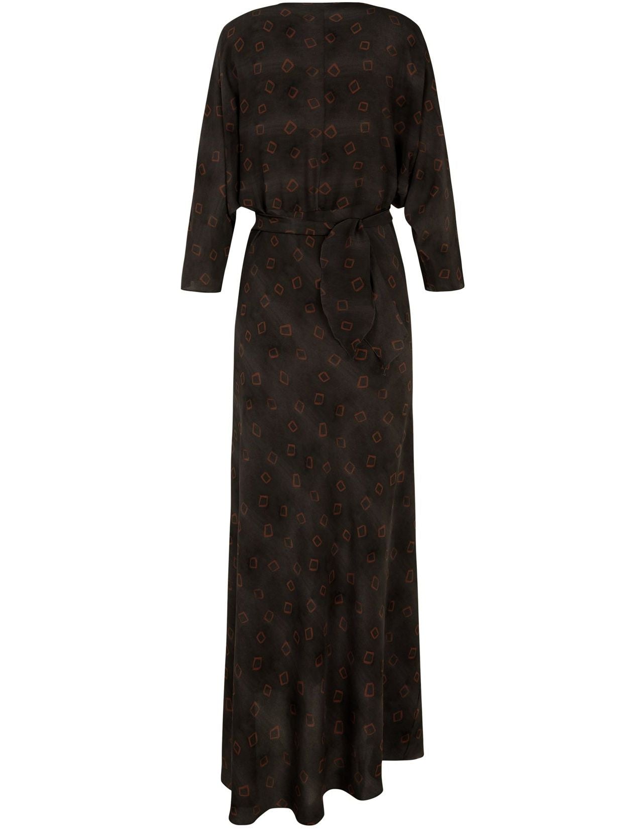 Gray patterned Printed Silk Midi Wrap Dress showcasing elegant silk midi wrap style