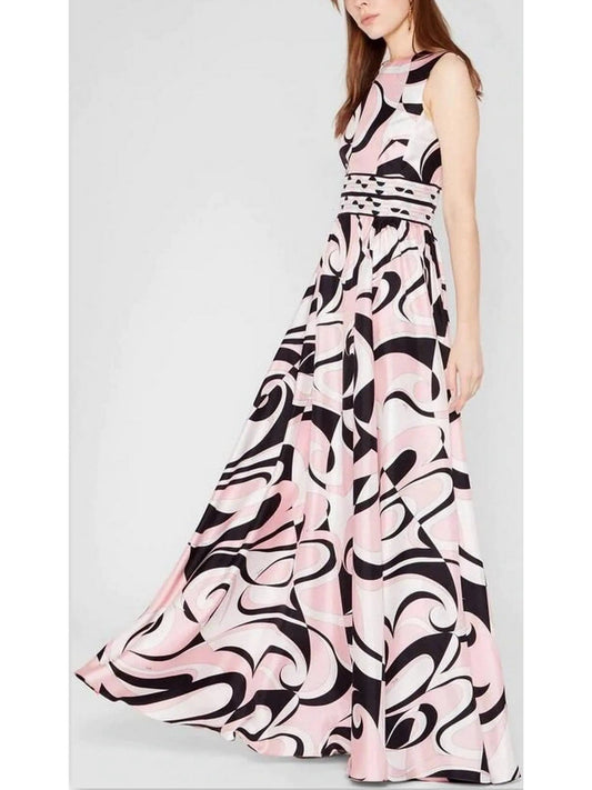 Printed Silk Sleeveless Maxi Dress in Pink Black and White - Dresses