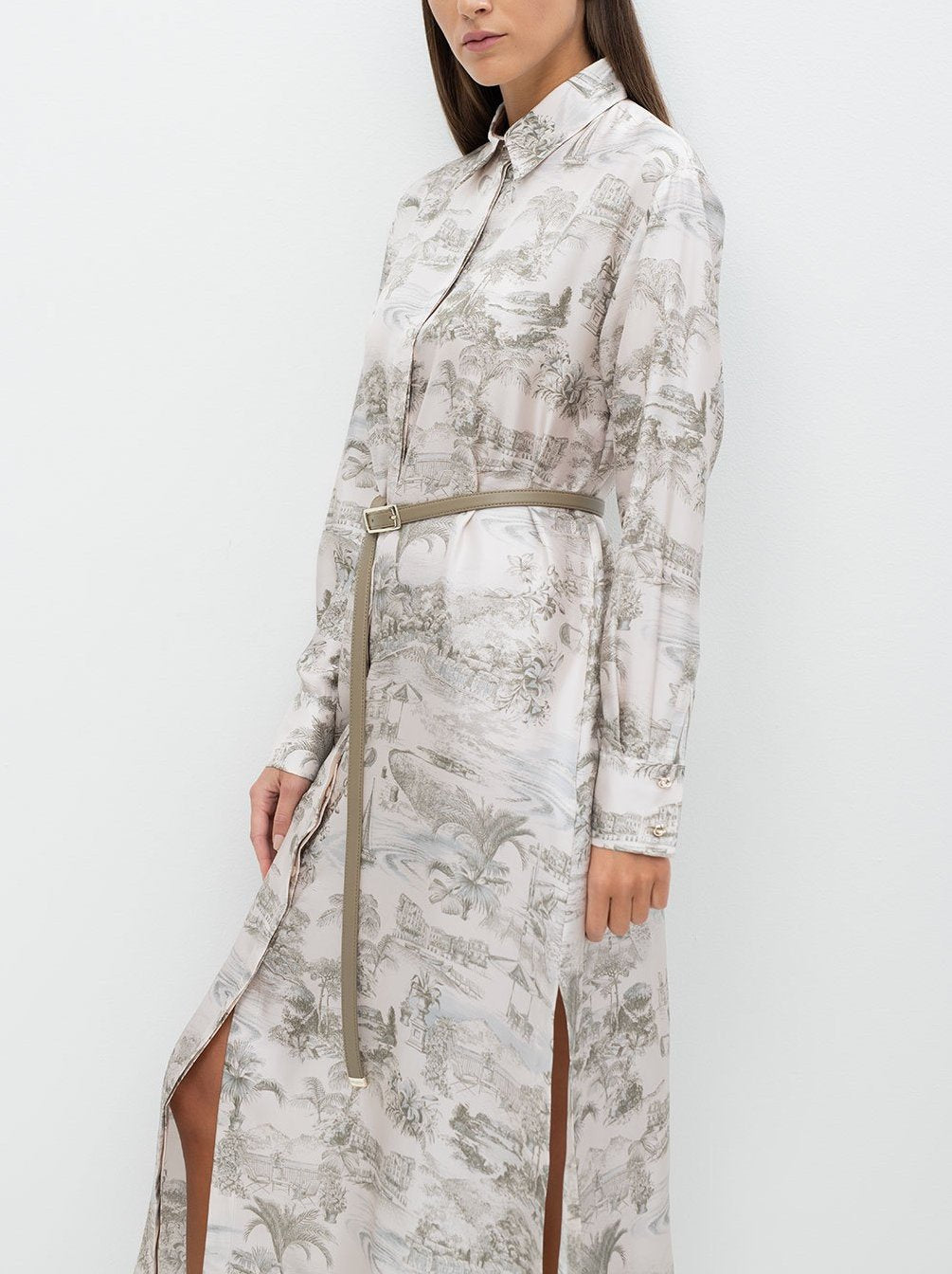 Long-sleeved Printed Silk Straight Midi Shirt Dress featuring a stylish belt