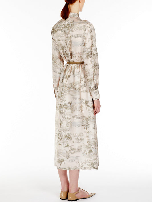 Printed Silk Straight Midi Shirt Dress with Belt and Long Sleeves in Stylish Print