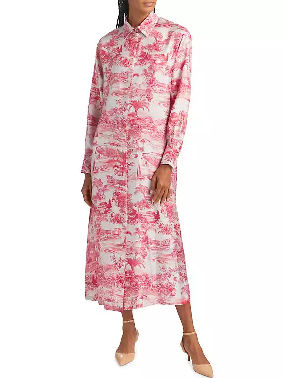 Pink and white Printed Silk Straight Midi Shirt Dress showcasing vibrant floral patterns
