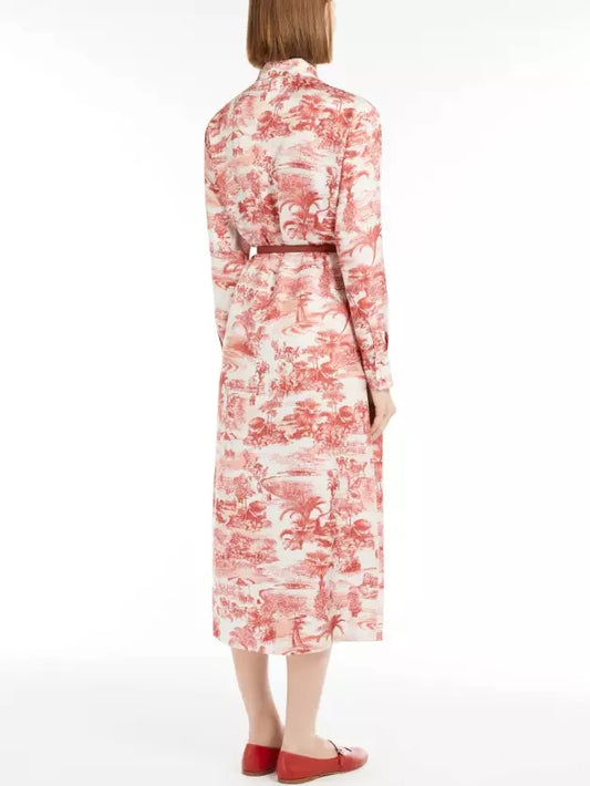 Red and white patterned Printed Silk Straight Midi Shirt Dress displayed elegantly