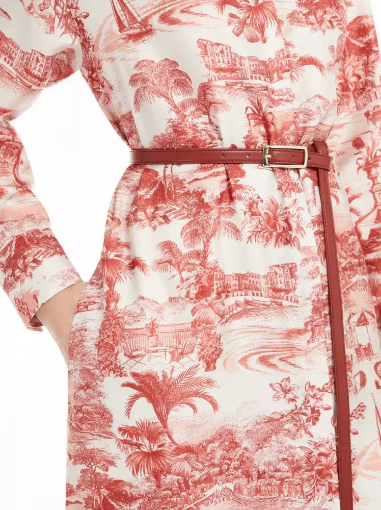 Long-sleeved printed silk straight midi shirt dress in red and white pattern with belt