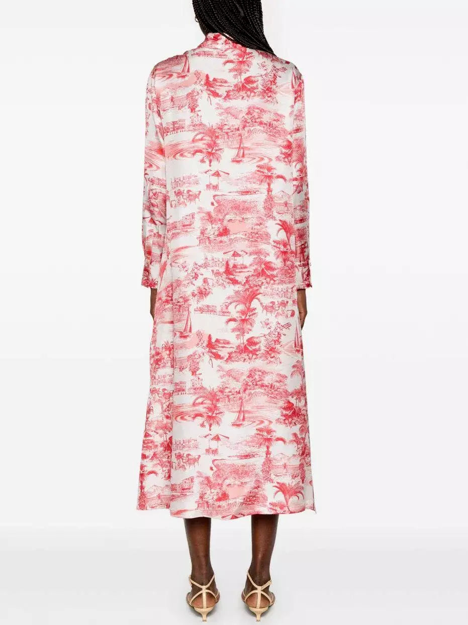 Red and white patterned Printed Silk Straight Midi Shirt Dress displayed elegantly