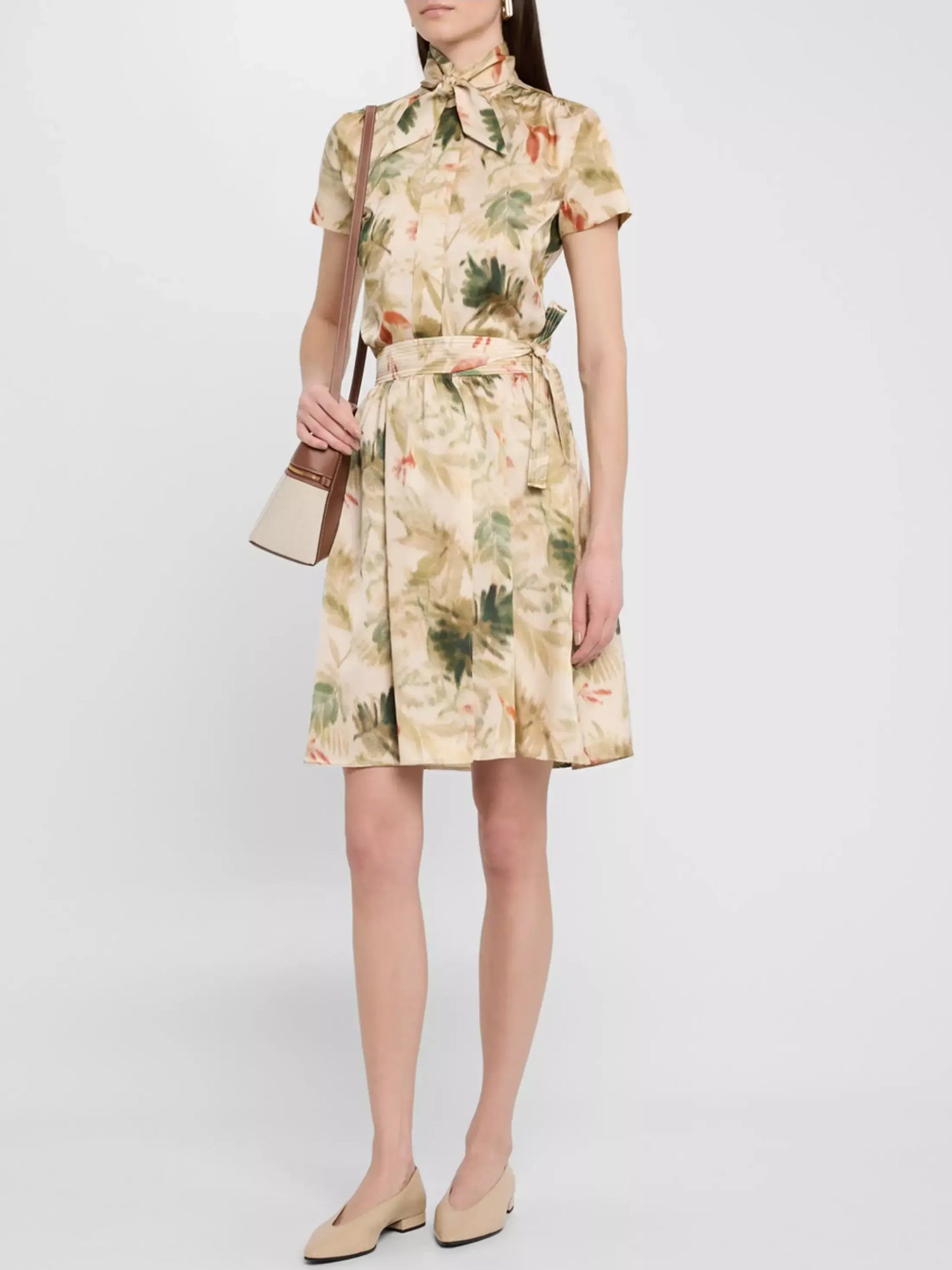 Printed Silk Tie-Neck Short-Sleeve Silk Blouse - Tops