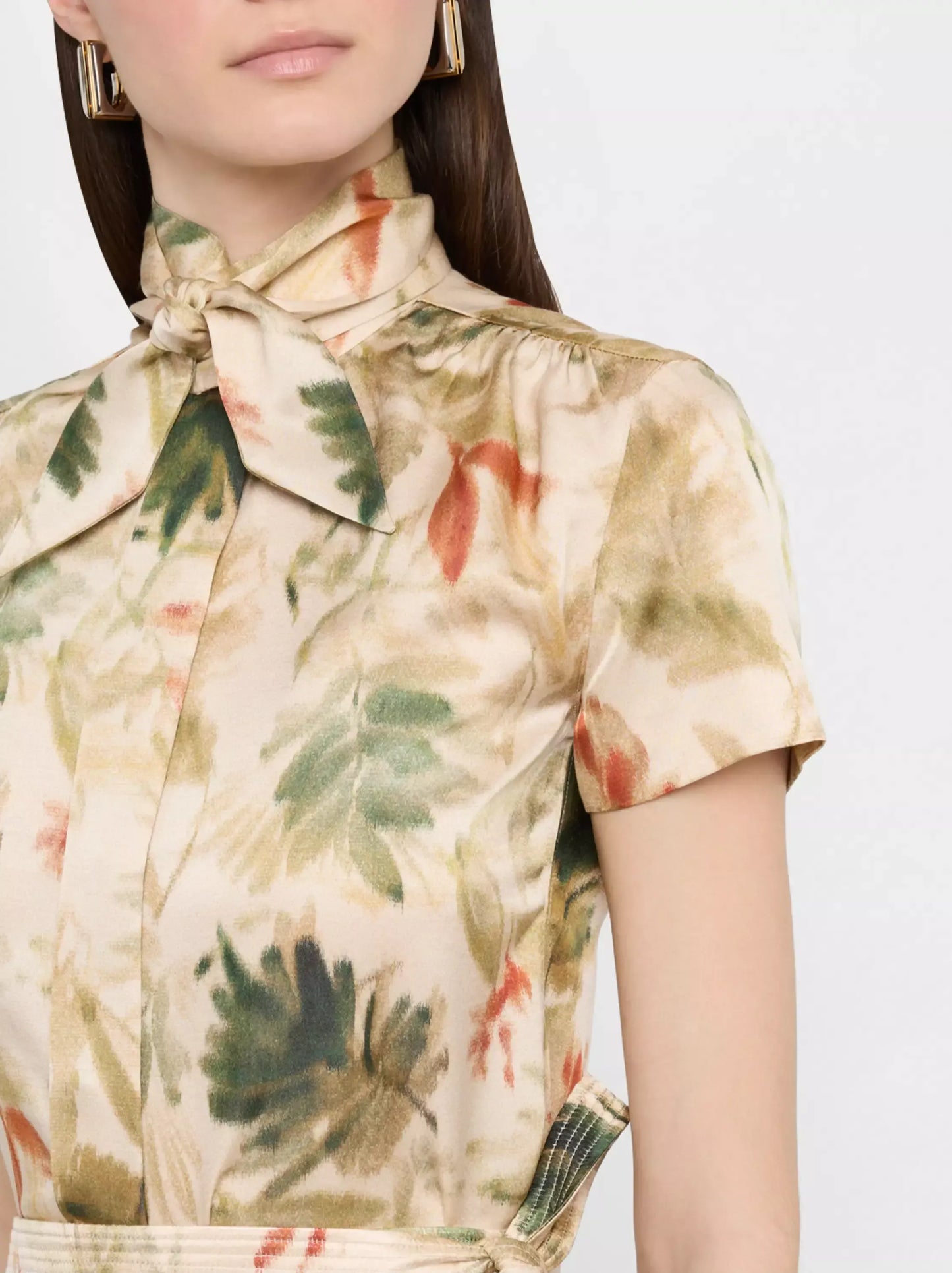 Printed Silk Tie-Neck Short-Sleeve Silk Blouse - Tops