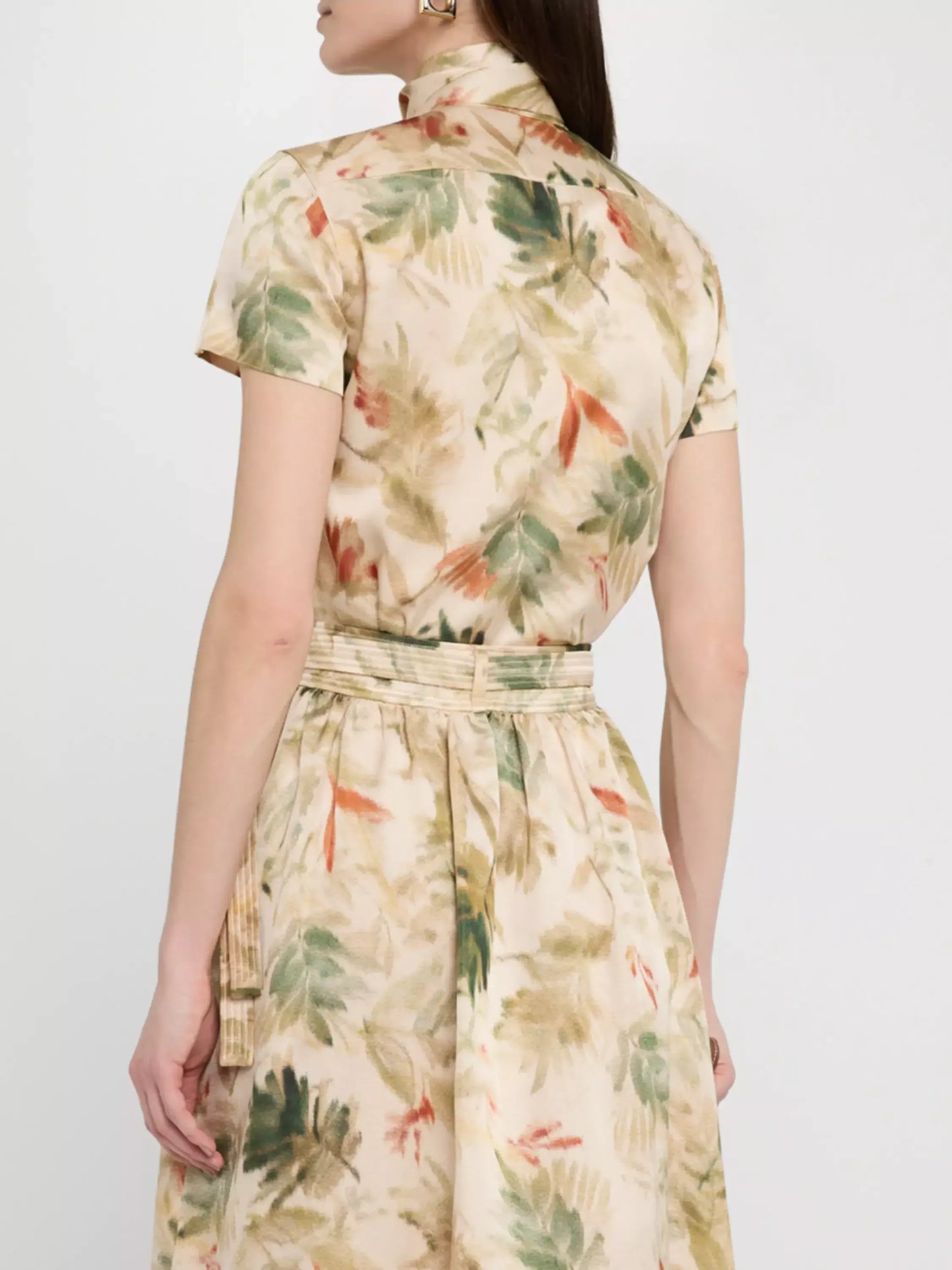 Printed Silk Tie-Neck Short-Sleeve Silk Blouse - Tops