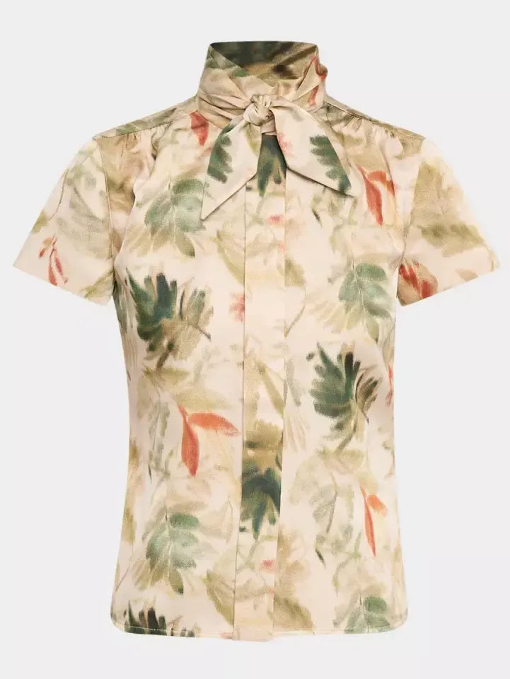 Printed Silk Tie-Neck Short-Sleeve Silk Blouse - Small - Tops