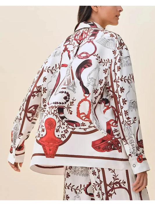 Printed Silk Twill Shirt in Red and White - Tops