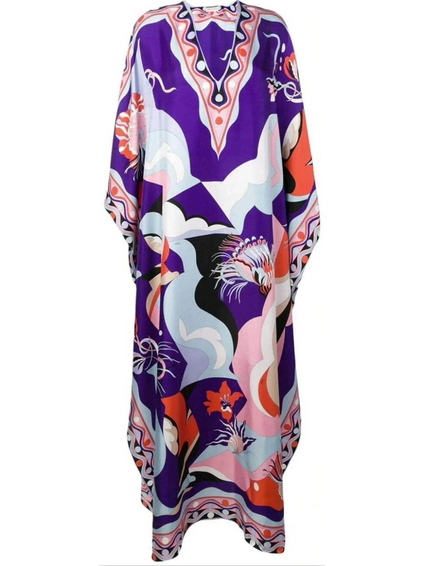 Printed Silk V-Neck Kaftan Dress - Dresses