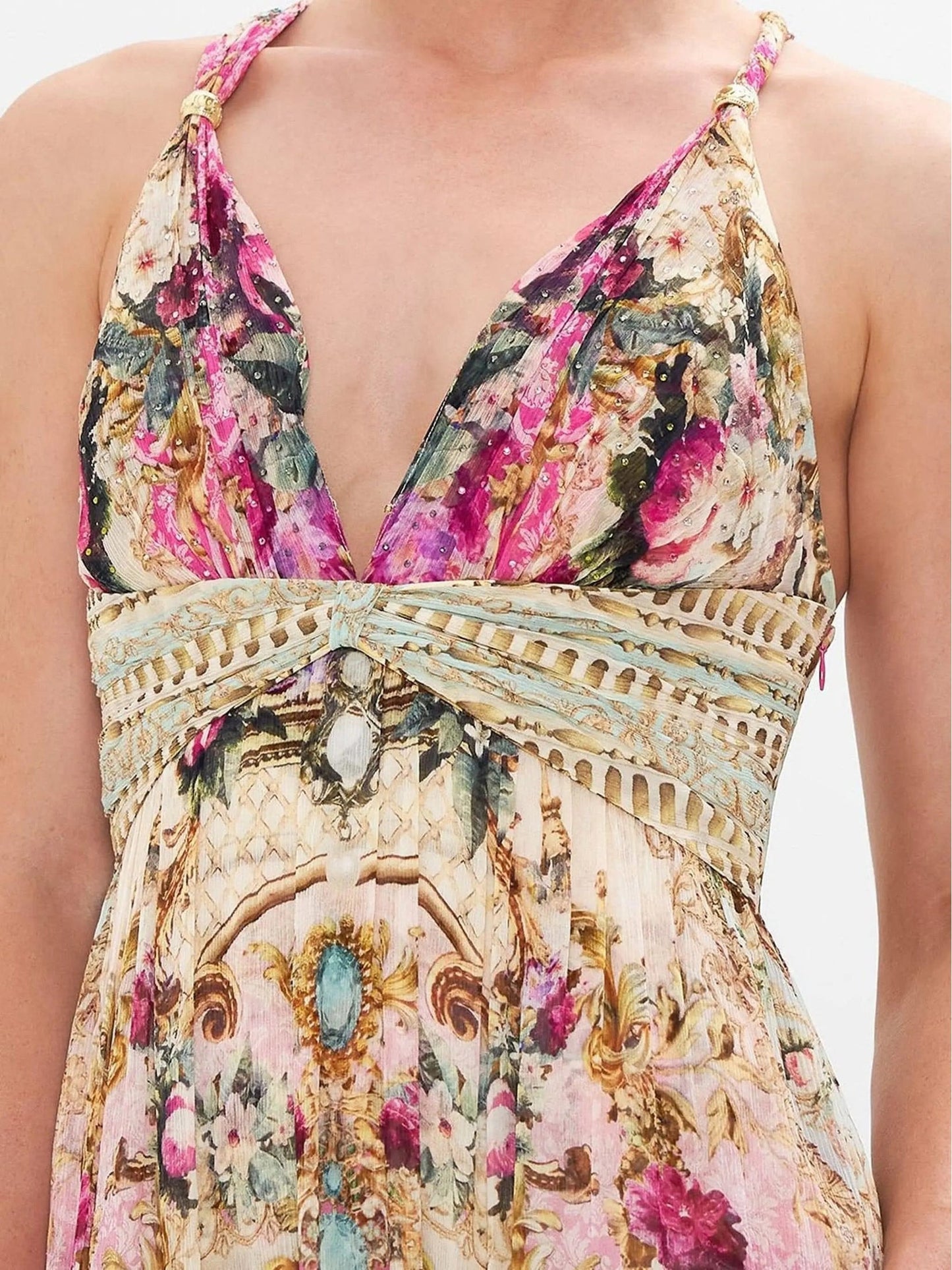 Printed Sleeveless Silk T Back Gathered Panel Dress - Dresses