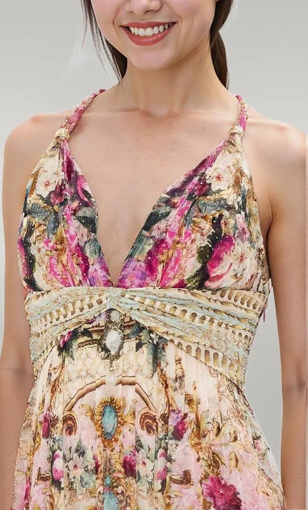 Printed Sleeveless Silk T Back Gathered Panel Dress - Dresses