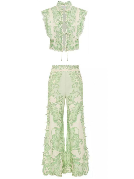 Printed Tie-Front Sleeveless Top and Pant Set - S - Suits & Sets