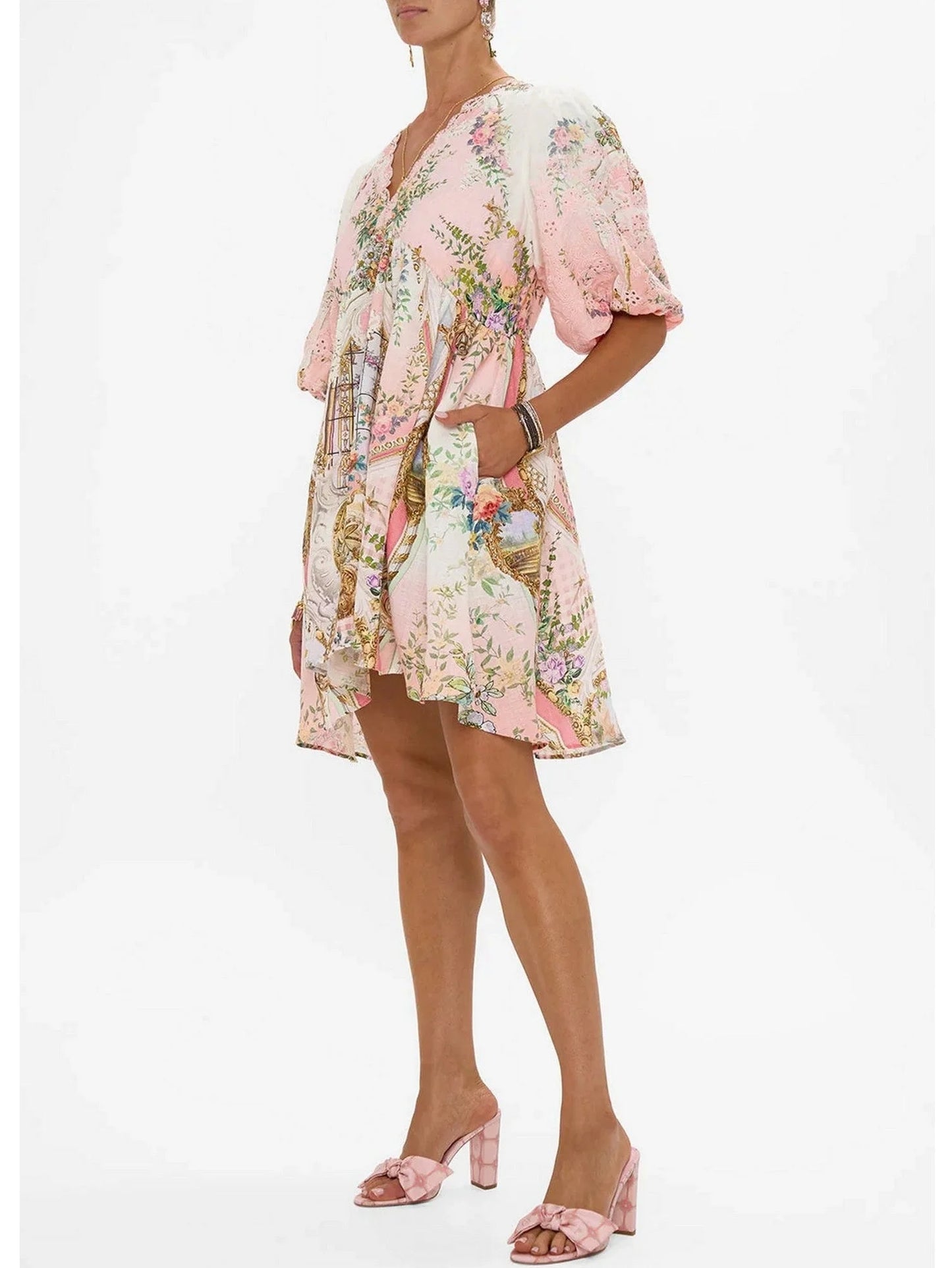 Printed V-Neck Linen Mini Dress - Dresses