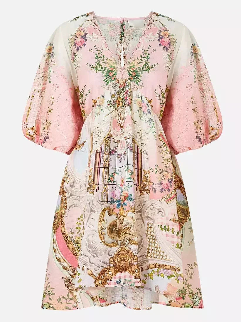Printed V-Neck Linen Mini Dress - Dresses