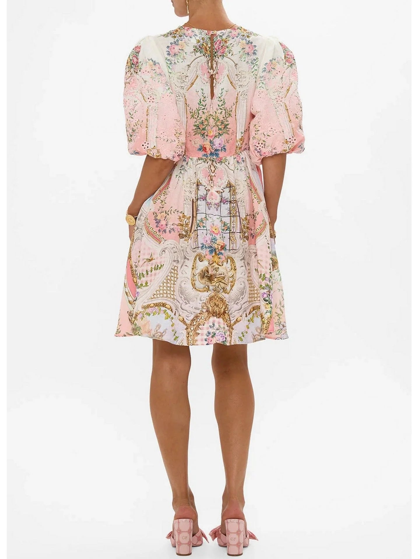 Printed V-Neck Linen Mini Dress - Dresses