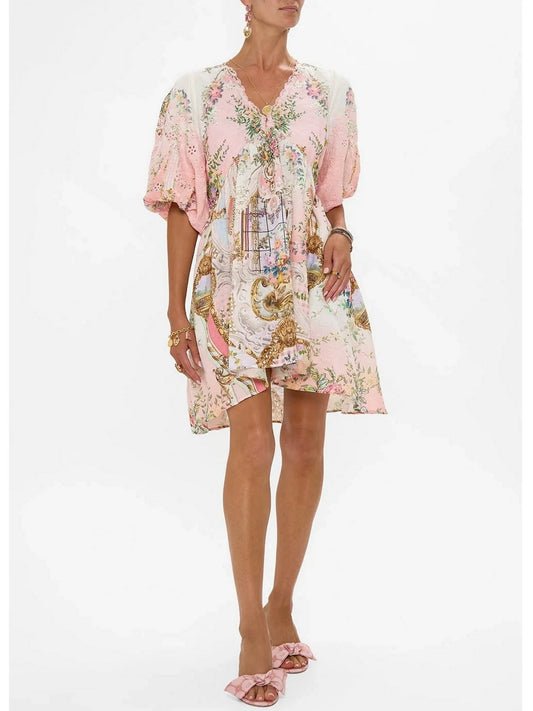 Printed V-Neck Linen Mini Dress - Dresses