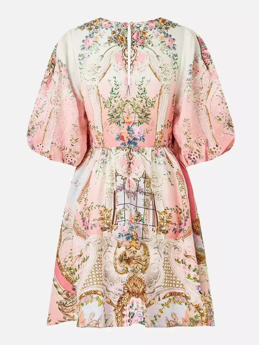 Printed V-Neck Linen Mini Dress - Dresses