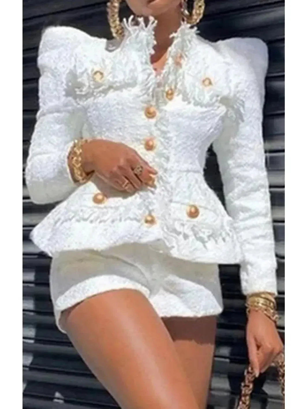 Puff-Shoulder Tweed Jacket and Short Set White - Suits & Sets