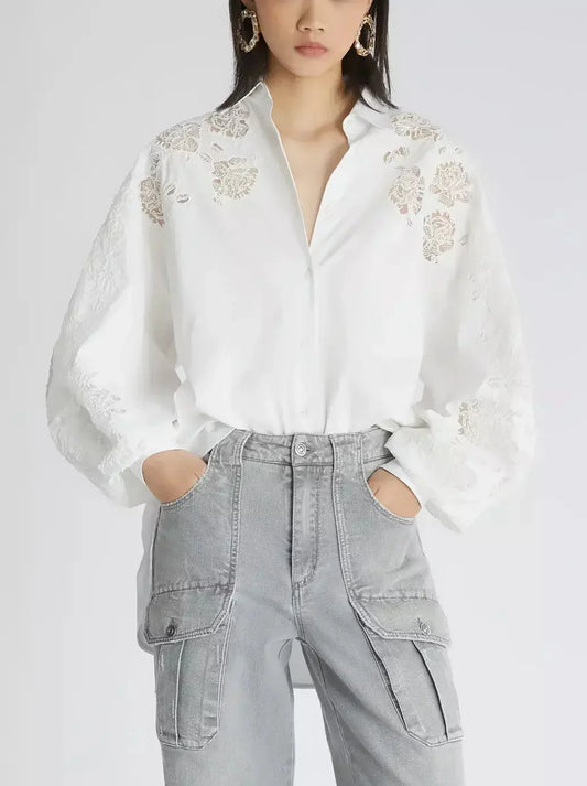 Puff-Sleeve Lace Detailed White Blouse - Tops