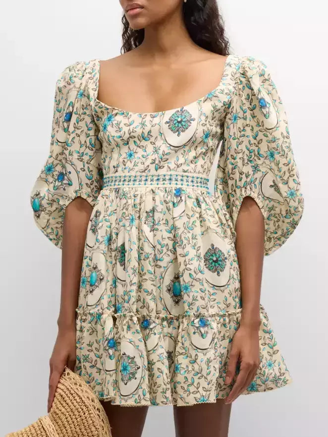 Puff-sleeve linen printed mini dress featuring floral print and trendy puffed sleeves