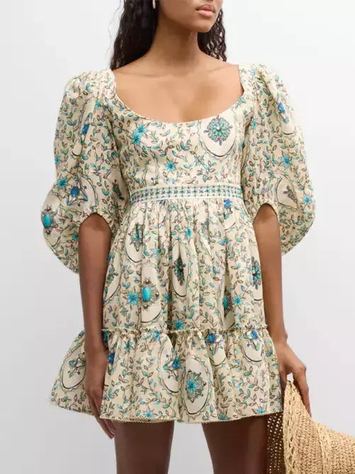 Floral-patterned Puff-Sleeve Linen Printed Mini Dress with stylish puffed sleeves