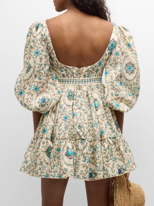 Floral print Puff-Sleeve Linen Printed Mini Dress showcasing a stylish summer look