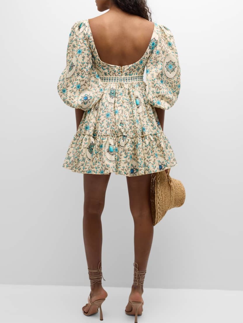 Floral print mini dress with puff sleeves showcasing a stylish Puff-Sleeve Linen Printed Mini Dress
