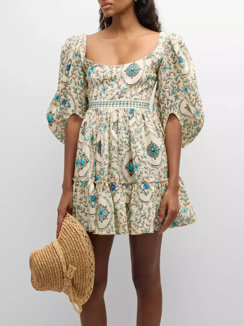 Floral print Puff-Sleeve Linen Printed Mini Dress showcasing stylish puffed sleeves