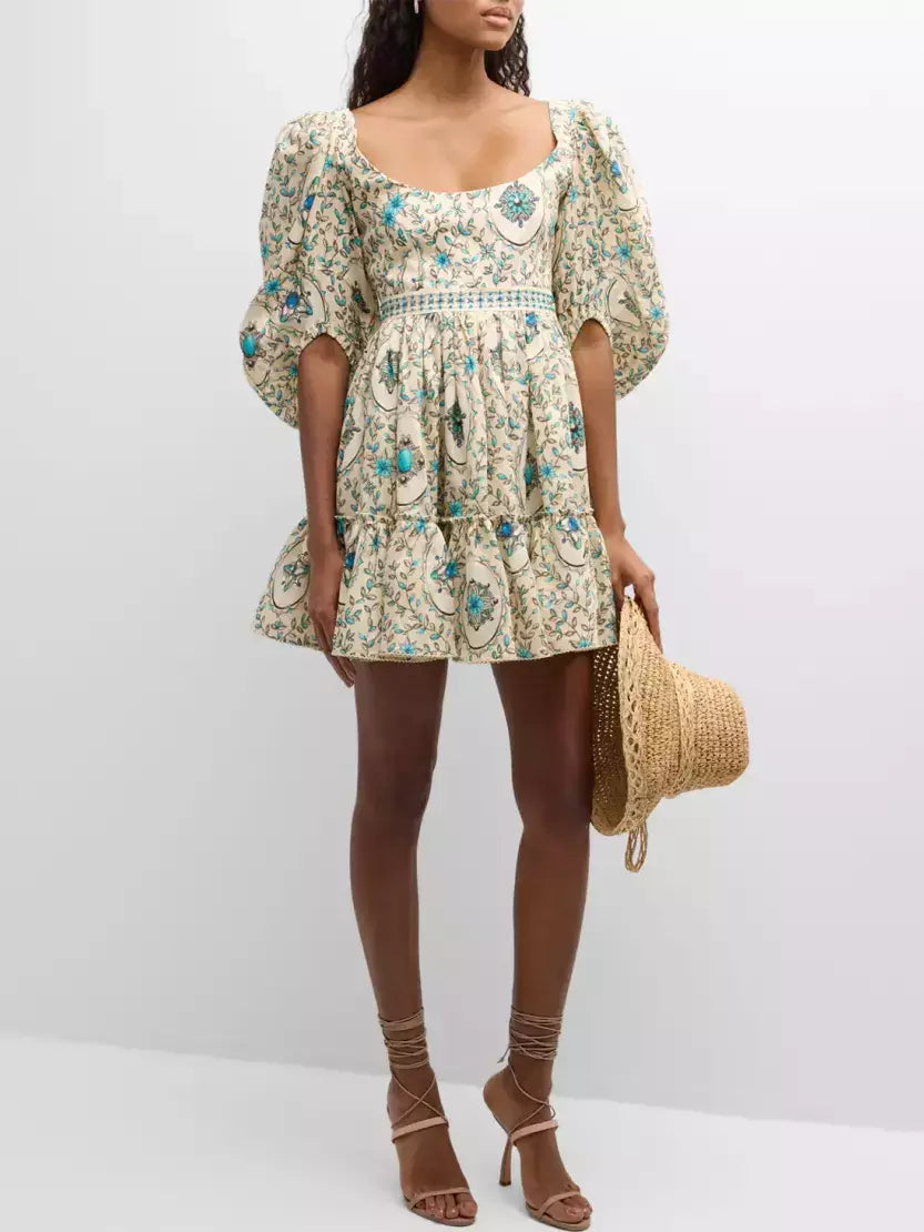 Floral print mini dress with puff sleeves, perfect for any occasion and comfort