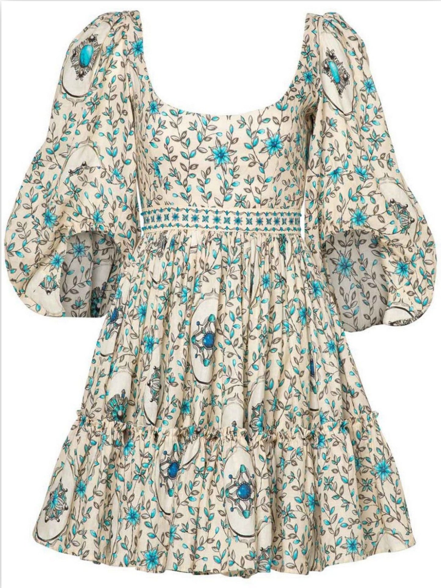 Floral print puff-sleeve linen printed mini dress showcasing stylish puffed sleeves