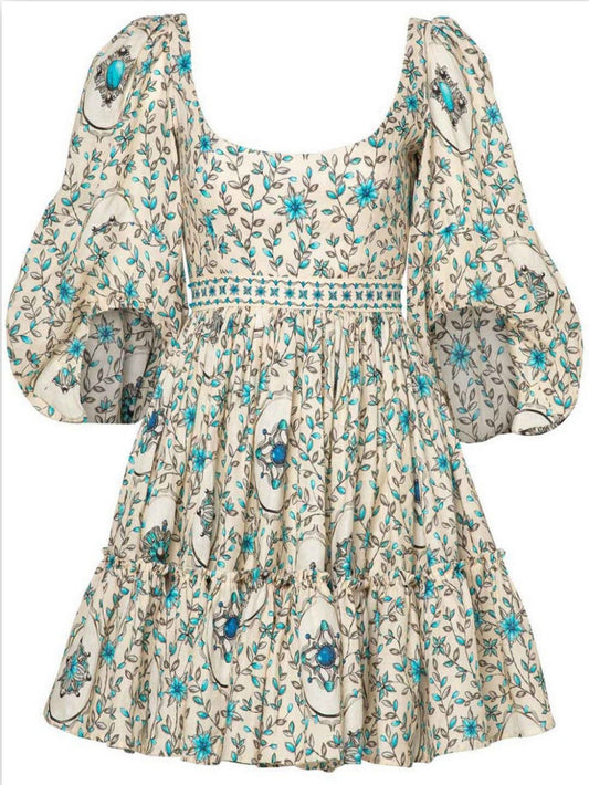 Floral print puff-sleeve linen printed mini dress showcasing stylish puffed sleeves