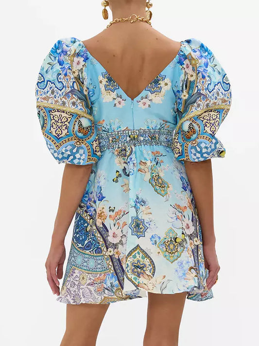 Blue patterned Puff-Sleeve Printed Mini Dress with Crystals for stylish summer wear
