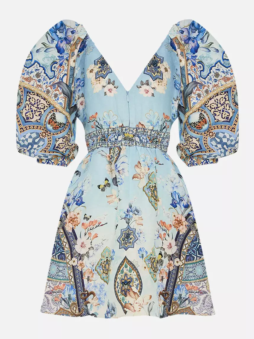 Puff-Sleeve Printed Mini Dress with Crystals featuring a vibrant floral print design