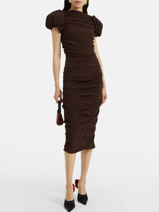 Puff-Sleeve Ruched Midi Dress in Brown - Dresses