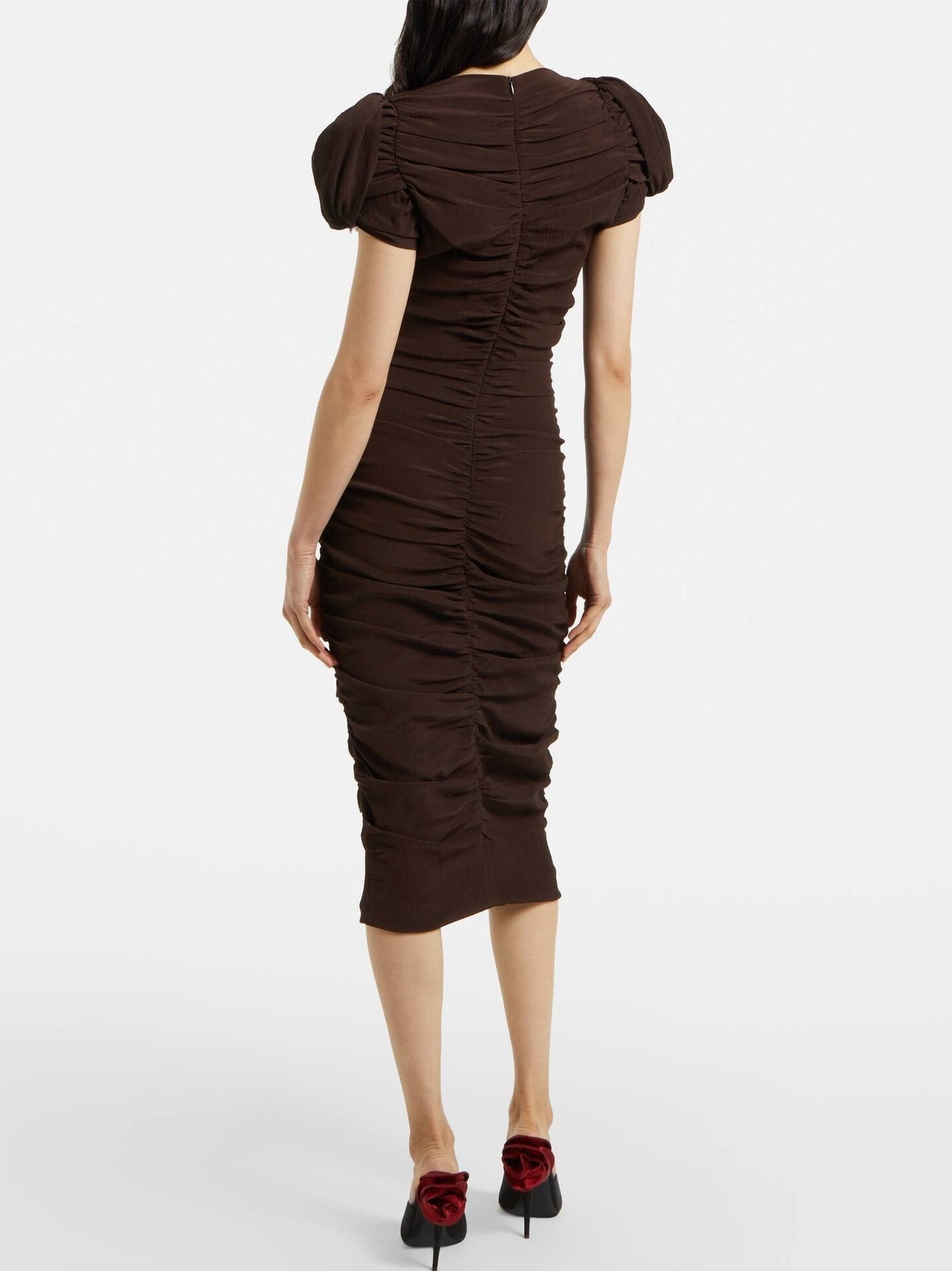 Puff-Sleeve Ruched Midi Dress in Brown - Dresses