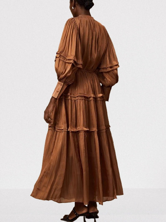 Puff-Sleeve Tiered Maxi Dress in Brown - Dresses