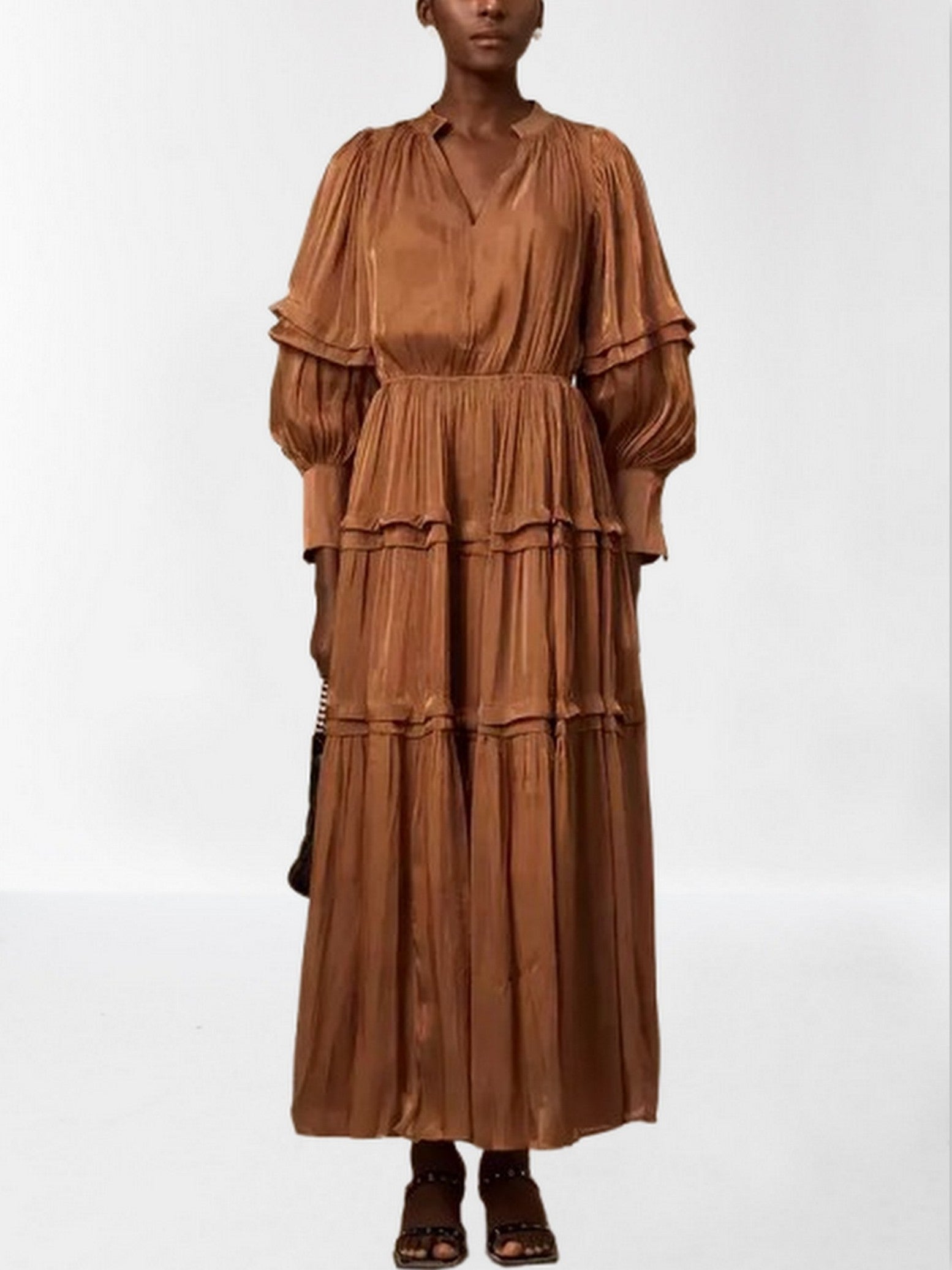 Puff-sleeve Tiered Maxi Dress in Brown with Free Shipping