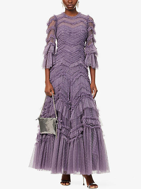 Lavender ruffled maxi dress in Purple Tulle Mesh Ruffle-Paneled Gown style