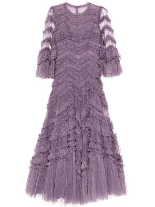 Lavender midi dress featuring purple tulle mesh and ruffle-paneled design for elegance