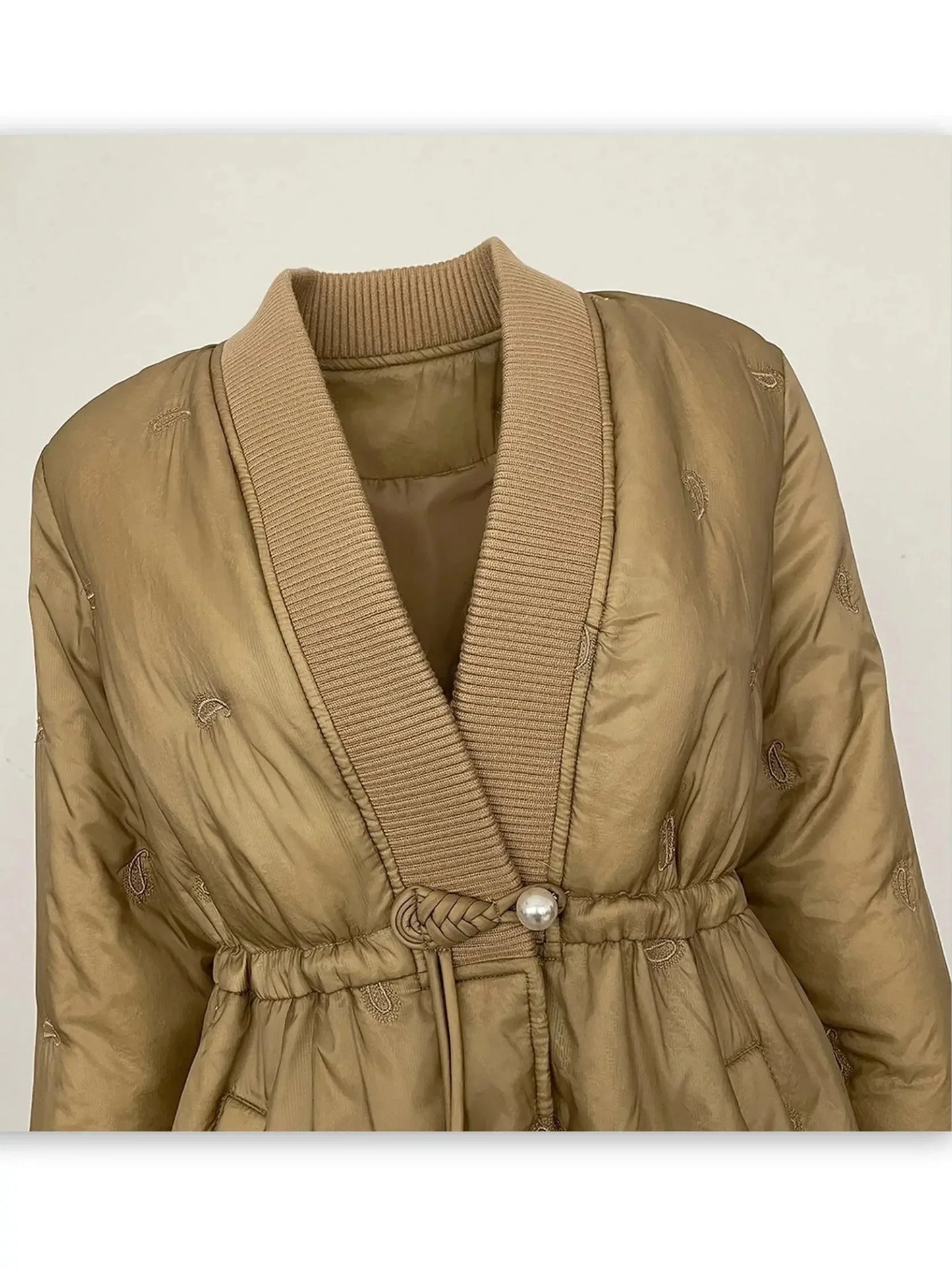 Quilted V-Neck Short Down Coat with Drawstring Waist - Coats