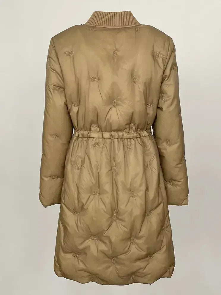 Quilted V-Neck Short Down Coat with Drawstring Waist - Coats