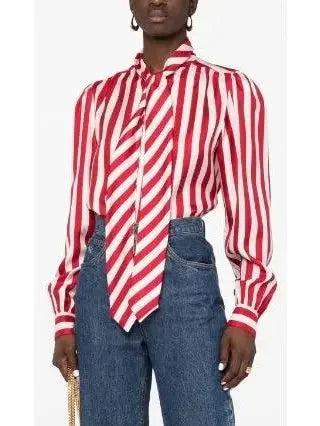 Red and White Silk Striped Shirt with Neck Tie - Tops