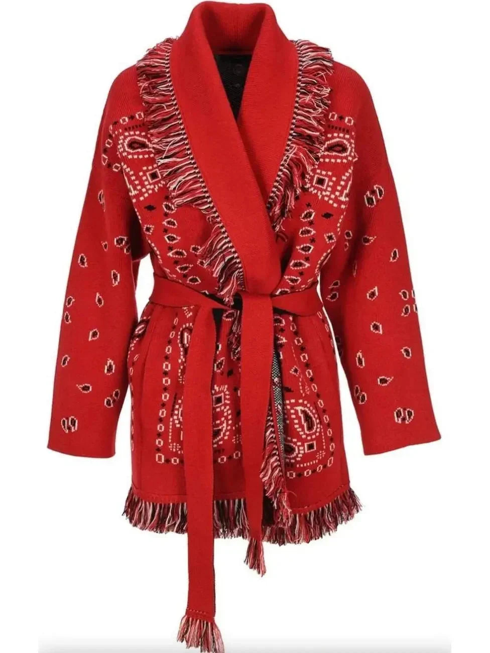 Red Bandana Jacquard Long Cardigan - Sweaters & Knitwear