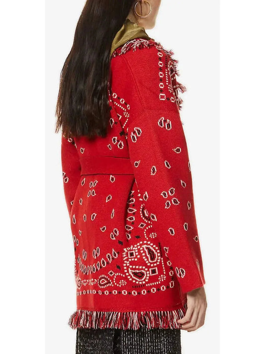 Red Bandana Jacquard Long Cardigan - Sweaters & Knitwear