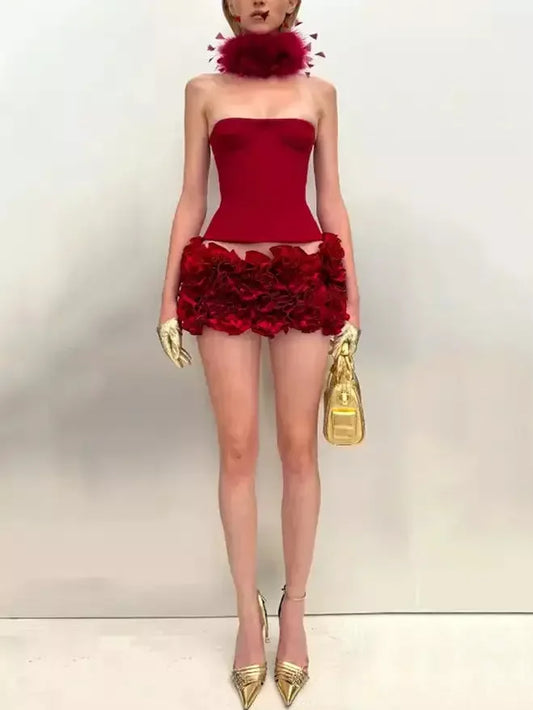 Red Corset Lace-Up Top and Floral Applique Skirt Set - Suits & Sets